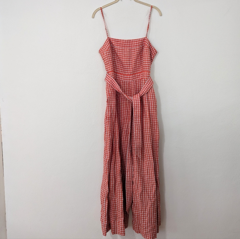 J. Crew Tie-Waist Linen Jumpsuit Crop Ankle Length Square Neck Gingham Red 10